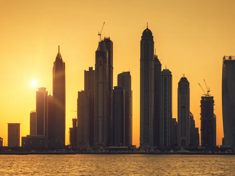 The Dubai skyline at sunrise